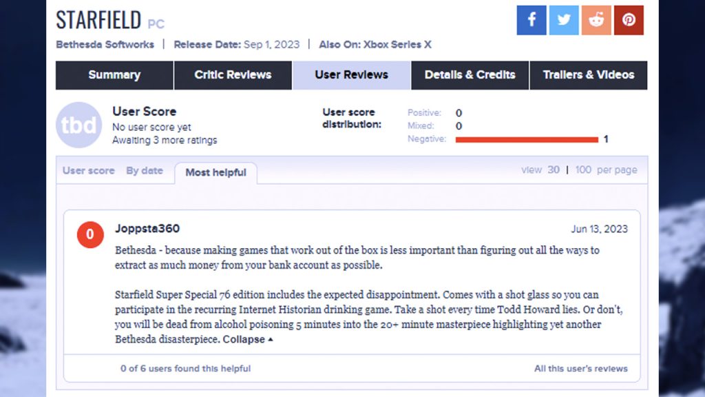 Starfield y su primera caliicación en Metacritic.